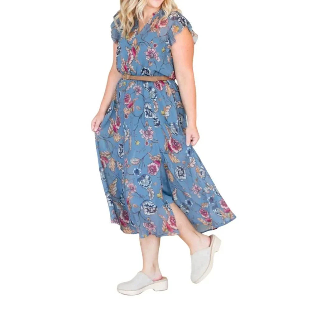 Steve Madden Allegra Floral Midi Dress Size M Cadet Blue